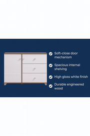Modern white high gloss sideboard with 4 shelves and 2 doors