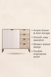 Grey oak effect and cashmere sideboard with slatted detailing – 2 doors and 4 drawers