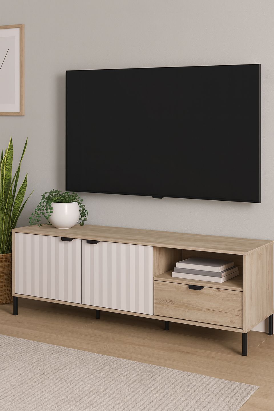 Contemporary TV stand cabinet with ample storage and slatted design