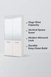 Tall white mirrored shoe storage cabinet by Lavish Kitchen Isle with mirrored doors and spacious interior for organizing 50 pairs of shoes.