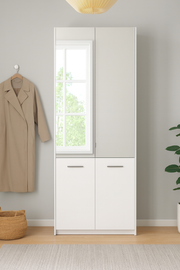 Tall white mirrored shoe storage cabinet by Lavish Kitchen Isle, showcasing a sleek design and multiple shoe compartments.