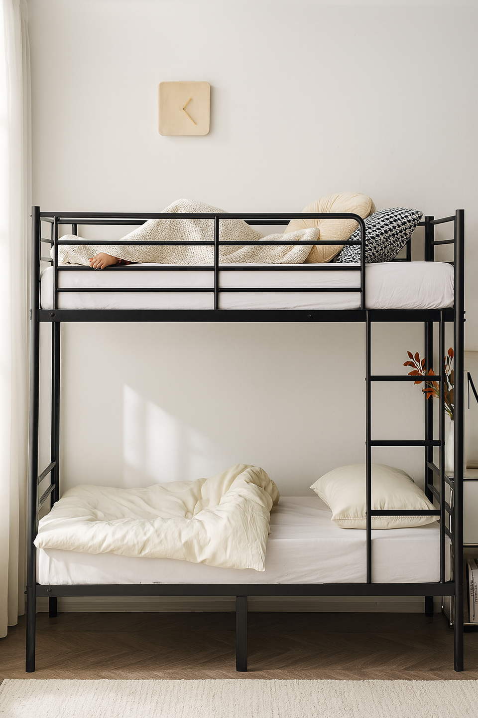 Iron Bed Bunk Bed with Ladder for Kids Twin Size Black