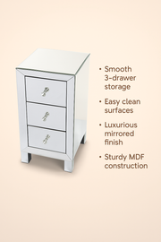 Mirrored 3 Drawer Bedside Table – Modern Glass Nightstand with Crystal Knobs 60cm - Lavish Kitchen Isle