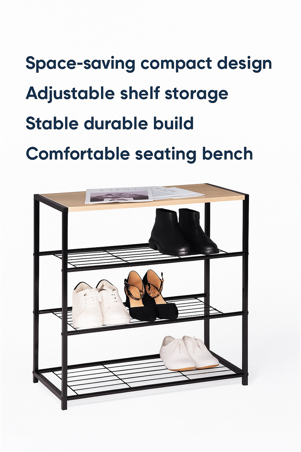 Shoe Rack Bench Shoe Storage Cabinet with MDF and Metal Shelves - 63x30x63cm