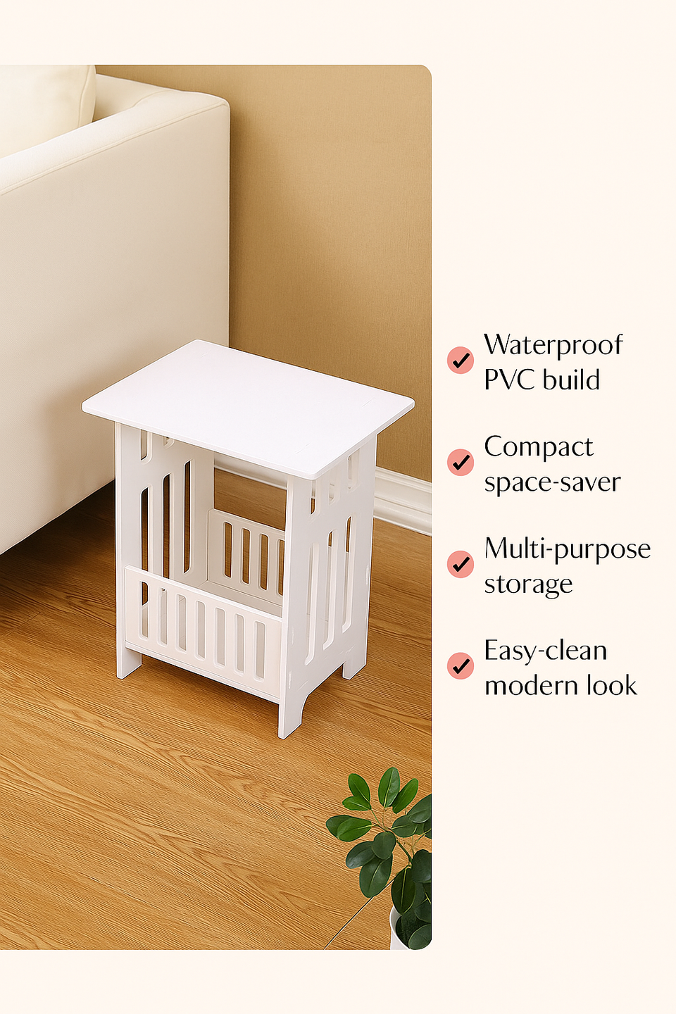 White Bedside Table Cabinet – Small PVC Storage Side Table