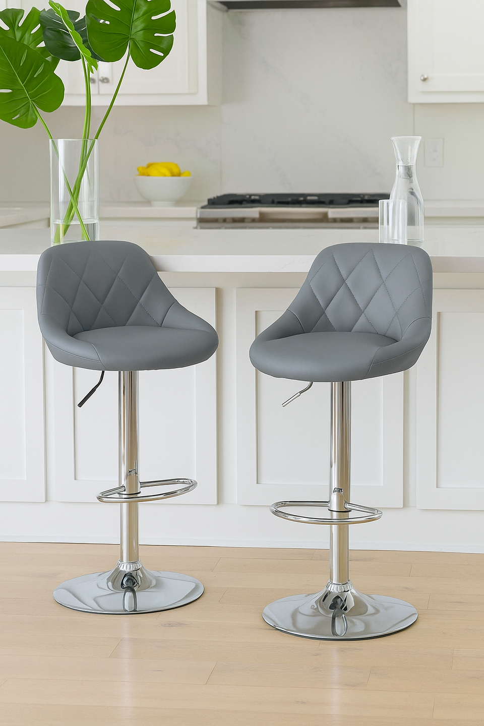 2pcs Adjustable Bar Stools Rhombus Backrest Grey PU Leather No Armrest Modern High Bar Stools for Kitchen and Bar Counters