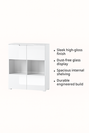 Lavish Kitchen Isle Arctic Elegance white gloss display cabinet with glass doors and shelves for living and dining room storage