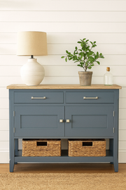 Baumhaus Signature Blue Small Sideboard displayed in a modern hallway setting with decorative items on top.