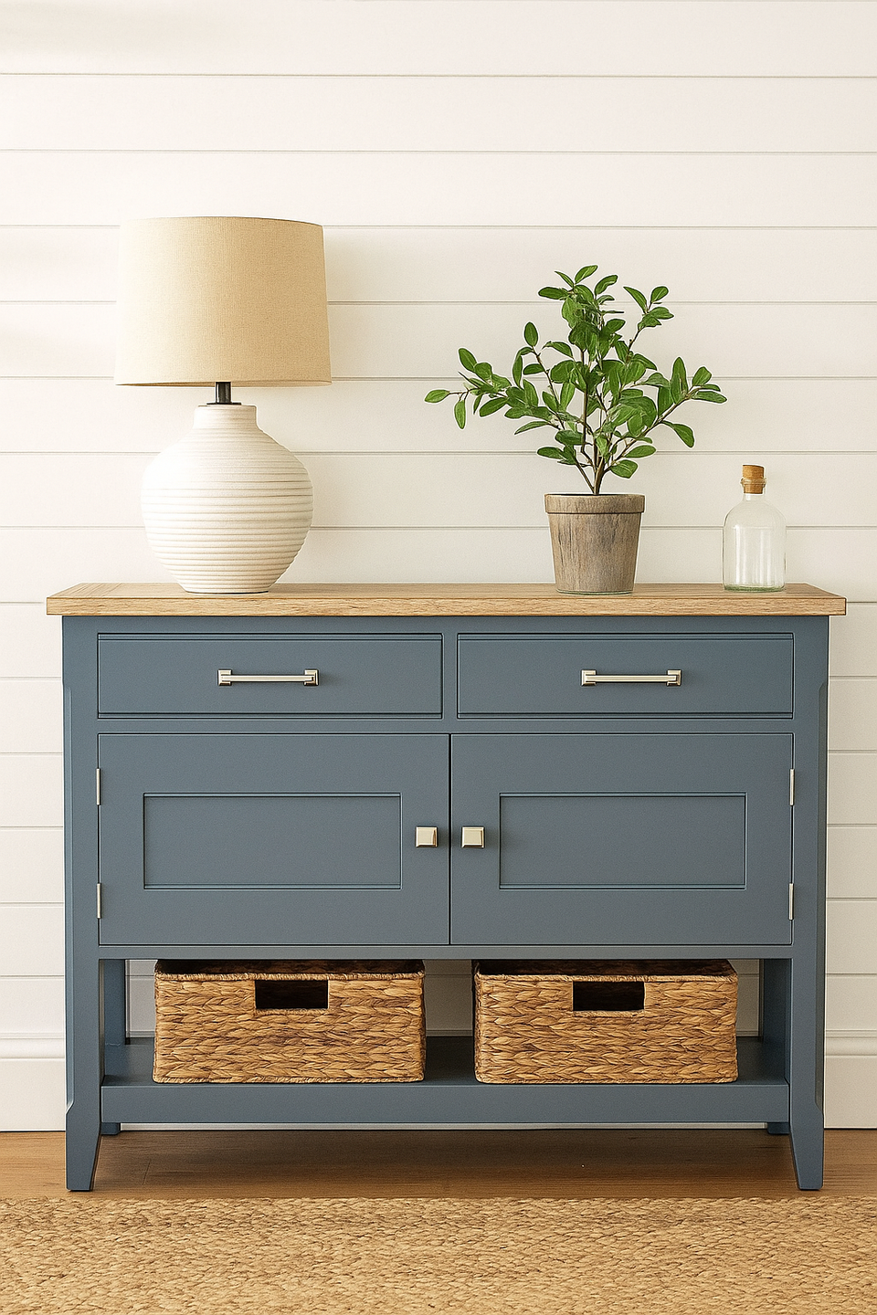 Baumhaus Signature Blue Small Sideboard displayed in a modern hallway setting with decorative items on top.