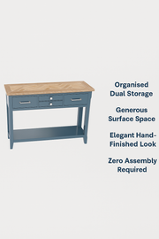 Baumhaus Signature Blue console table with elegant design, showcasing a stylish and modern sideboard in a bright setting.