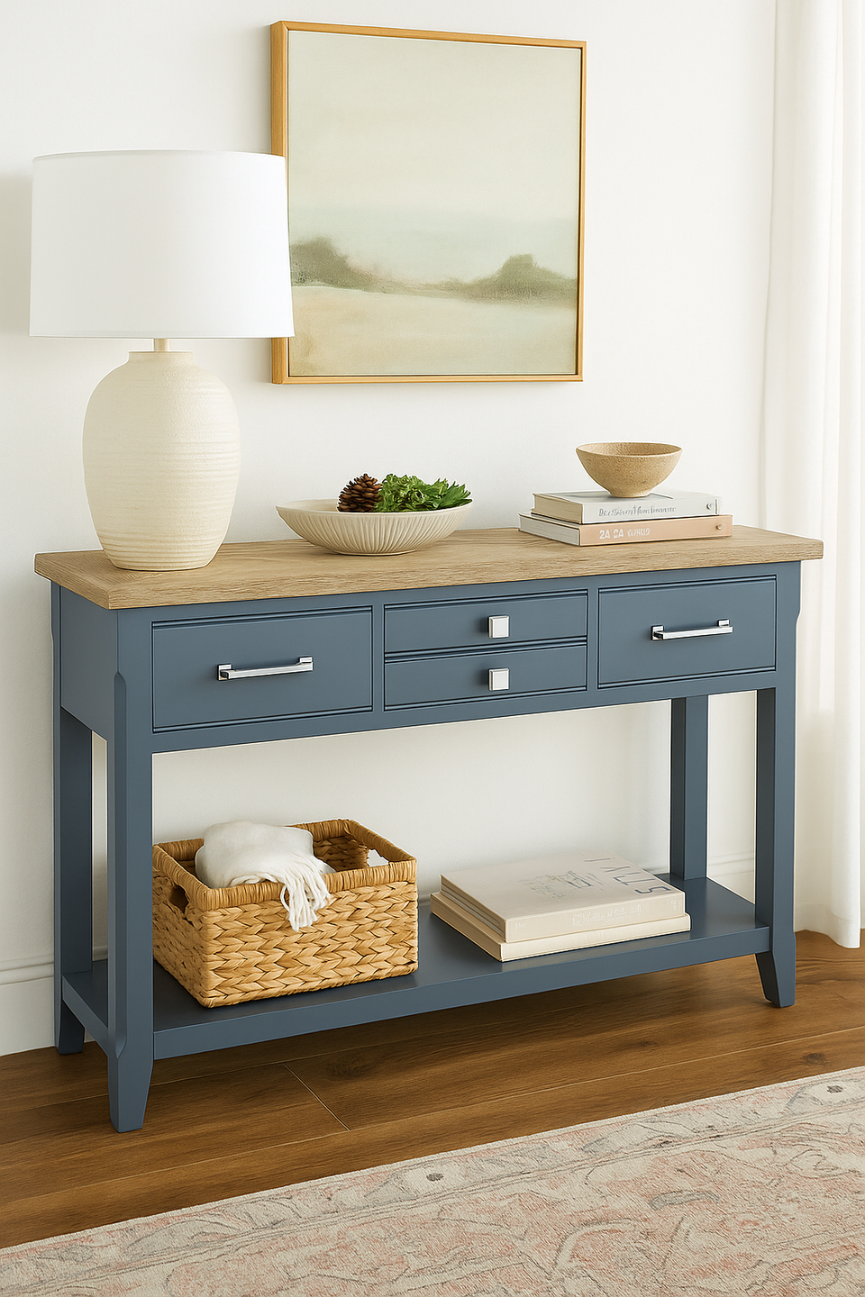 Baumhaus Signature Blue console table featuring a sleek design and elegant finish in a stylish living room setting.