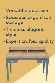 Elegant Baumhaus blue desk serving as a dressing table, featuring a sleek design and dual-use functionality.