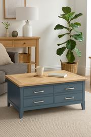 Signature Blue Coffee Table With Drawers & Hidden Storage Trunk - Lavish Kitchen Isle