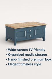 Baumhaus Signature Blue Widescreen Television Stand with elegant design and spacious media console for living rooms.