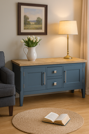 Baumhaus signature blue widescreen television stand featuring stylish wooden design and ample storage space.