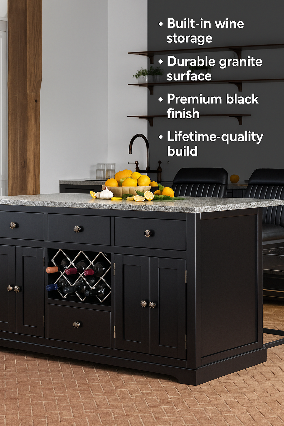 Baumhaus Black Kitchen Island with Grey Granite Worktop