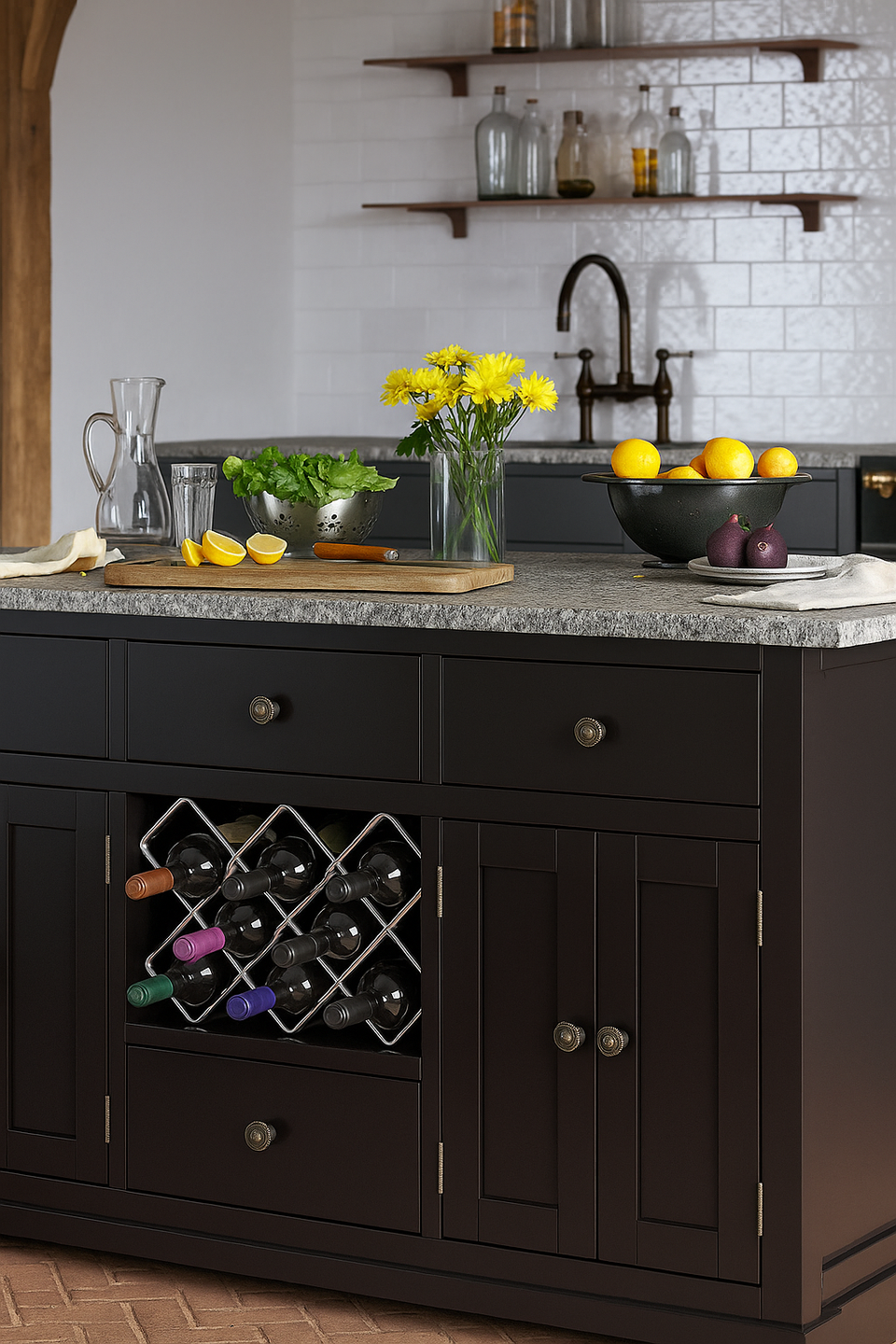 Baumhaus Black Kitchen Island with Grey Granite Worktop