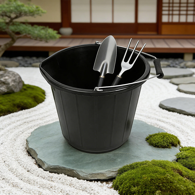 Lavish Kitchen Isle black plastic bucket with handle, 32cm x 26cm, used for water, storage, plants, and organizing tasks.