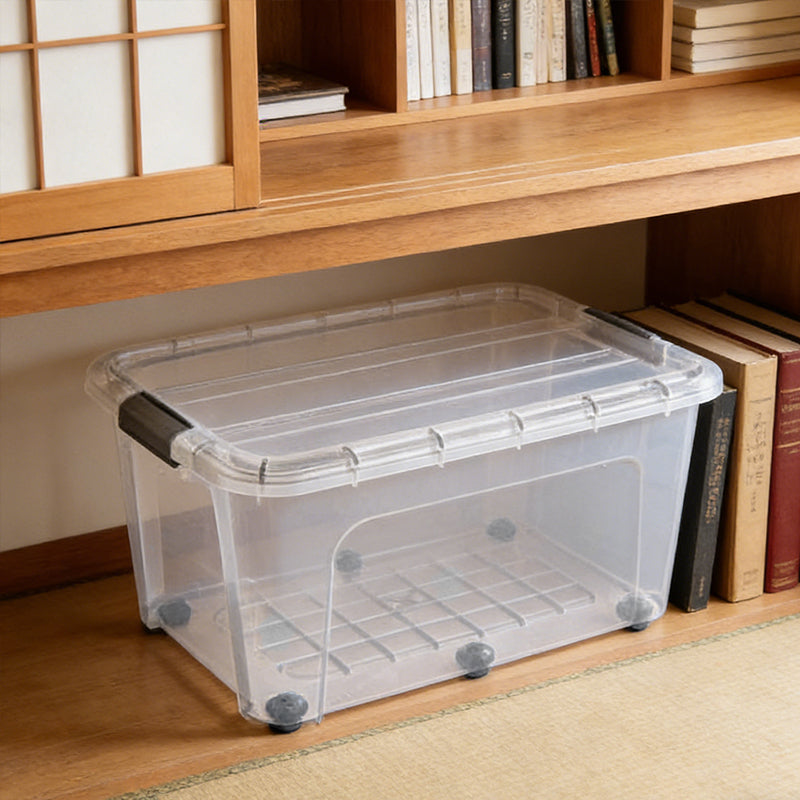 Clear 75L plastic storage box with 6 wheels and click lid, stackable for home or office organization by Lavish Kitchen Isle