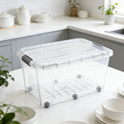 Clear plastic storage box with 6 wheels and click lid, stackable design for home or office organization by Lavish Kitchen Isle