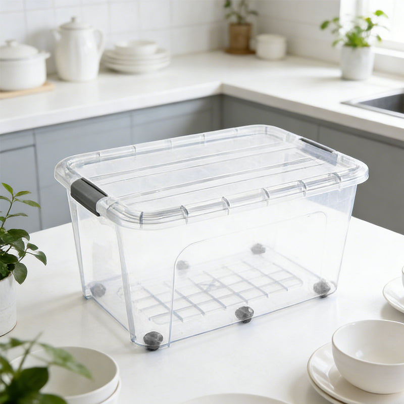 Clear plastic storage box with 6 wheels and click lid, stackable design for home or office organization by Lavish Kitchen Isle