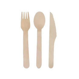 Set of 100 disposable wooden cutlery pieces including spoons, forks, and knives from Lavish Kitchen Isle, 15.5cm long.