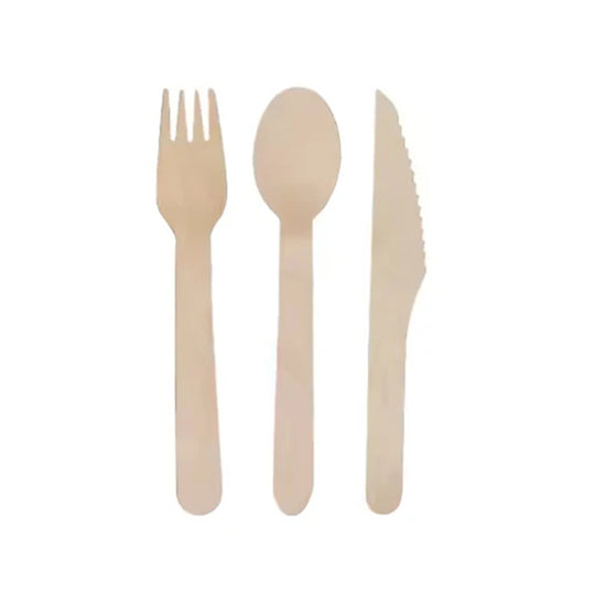 100PCS Disposable Wooden Cutlery Set Spoons Forks Knives 15.5cm