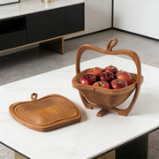 Natural bamboo foldable fruit basket shaped like an apple, with heat-resistant bamboo trivets and pot mats for kitchen use.