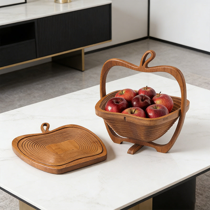 Natural bamboo foldable fruit basket shaped like an apple, with heat-resistant bamboo trivets and pot mats for kitchen use.
