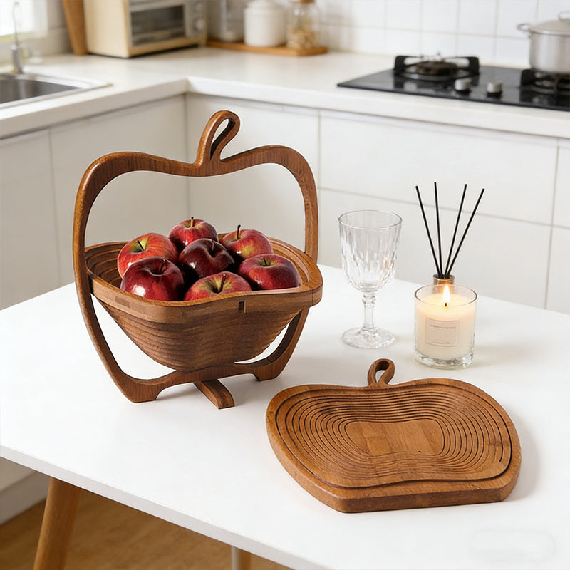 Natural bamboo foldable fruit basket and apple-shaped fruit bowl, heat-resistant bamboo trivets, pot mats, and hot pan pads by Lavish Kitchen Isle