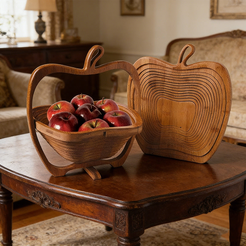 Natural bamboo foldable fruit basket and apple-shaped bowl by Lavish Kitchen Isle, heat-resistant bamboo trivets, and pot mats.