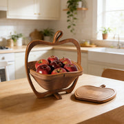 Natural bamboo foldable fruit basket and apple-shaped bowl by Lavish Kitchen Isle, heat-resistant, collapsible, with bamboo trivets and pot mats.