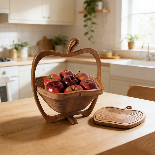 Natural Bamboo Foldable Fruit Basket Apple Shape Multifunction Kitchen Bowl