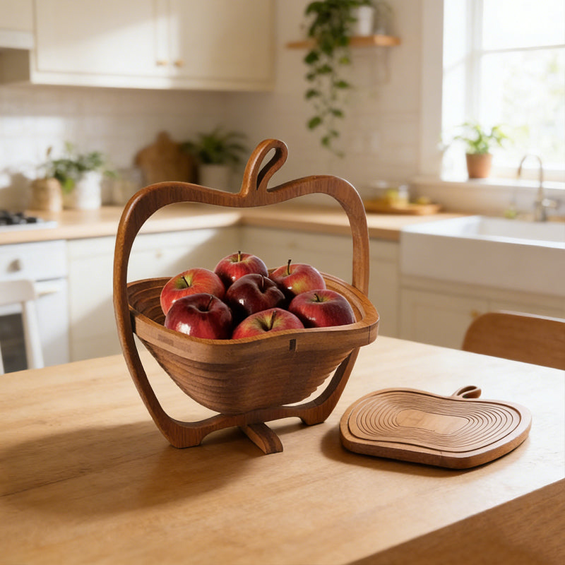 Natural bamboo foldable fruit basket and apple-shaped bowl by Lavish Kitchen Isle, heat-resistant, collapsible, with bamboo trivets and pot mats.