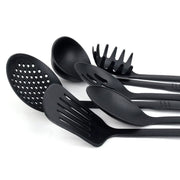 Set of 6 black heat-resistant plastic cooking utensils from Lavish Kitchen Isle, including spatulas and spoons, suitable for non-stick cookware.