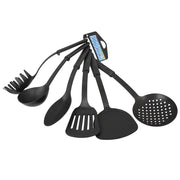 Set of six black heat-resistant plastic cooking utensils from Lavish Kitchen Isle, including spatulas and spoons for versatile kitchen use.