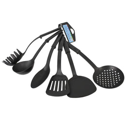 Set of six black heat-resistant plastic cooking utensils from Lavish Kitchen Isle, including spatulas and spoons for versatile kitchen use.