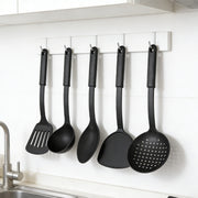 Set of six black heat resistant plastic cooking utensils from Lavish Kitchen Isle, including spatulas and spoons for versatile kitchen use.