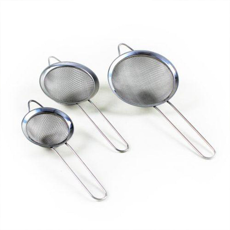 Set of three stainless steel kitchen strainers with fine mesh, ideal for sieving and straining food in a modern Lavish Kitchen Isle set.