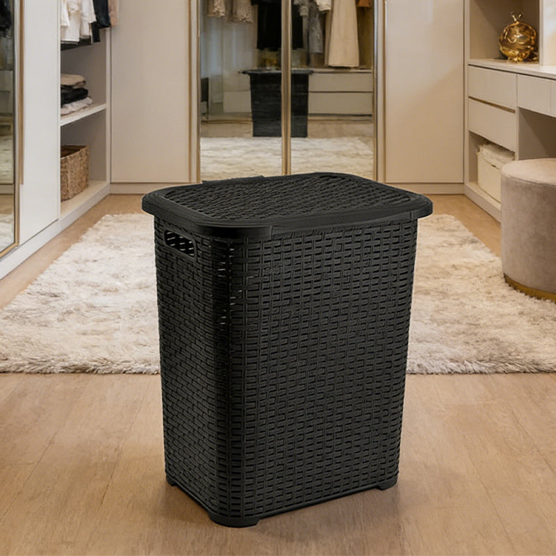45L Plastic Rattan Laundry Basket with Lid – Random Colours