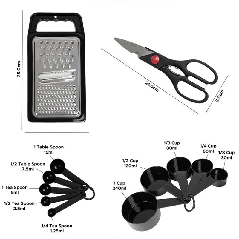 Lavish Kitchen Isle 17-piece all-in-one kitchen utensil set with durable plastic cooking tools displayed on a countertop.