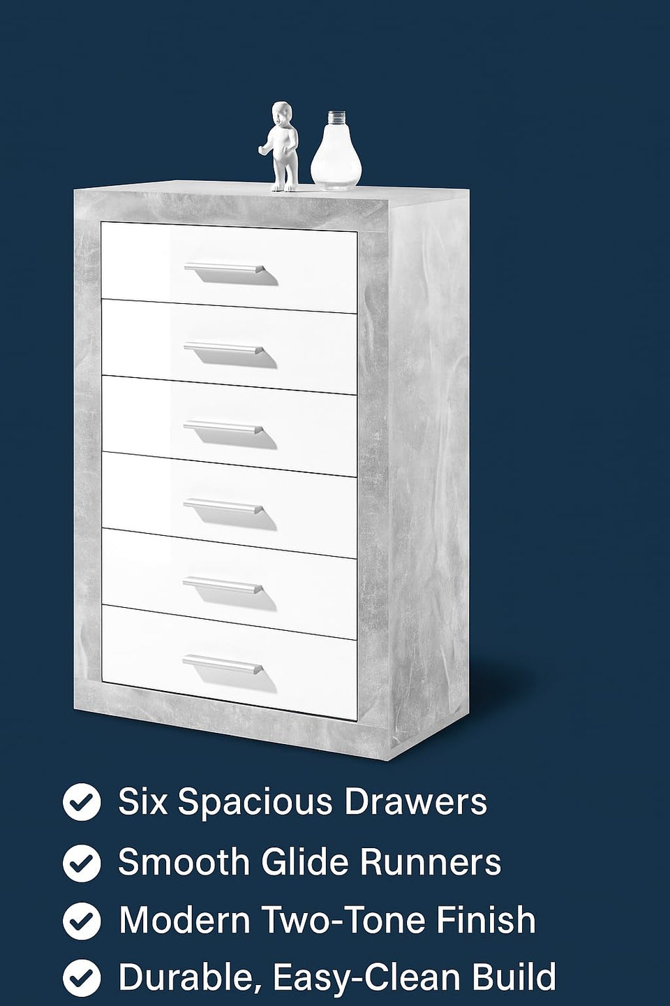 Grey and White Gloss Tallboy Chest of Drawers – 6 Drawer Bedroom Storage Unit