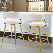 Set of 2 Velvet Bar Stools - Off-White Ribbed Counter Height Chairs with Gold Legs