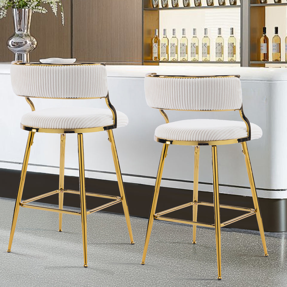 Set of 2 Velvet Bar Stools - Off-White Ribbed Counter Height Chairs with Gold Legs