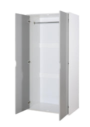 Lavish Kitchen Isle 4-piece bedroom set with white and grey wardrobe, cupboard, shelving, drawers, and hanging doors.