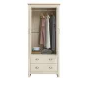 Cream and oak effect 2-piece bedroom set with a 2-door wardrobe and bedside table, featuring modern design and sleek storage.