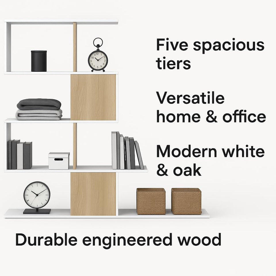 SHA Arctic White and Oak Effect 5-Tier Shelving Storage Bookcase Unit – Modern Book Shelves for Home and Office