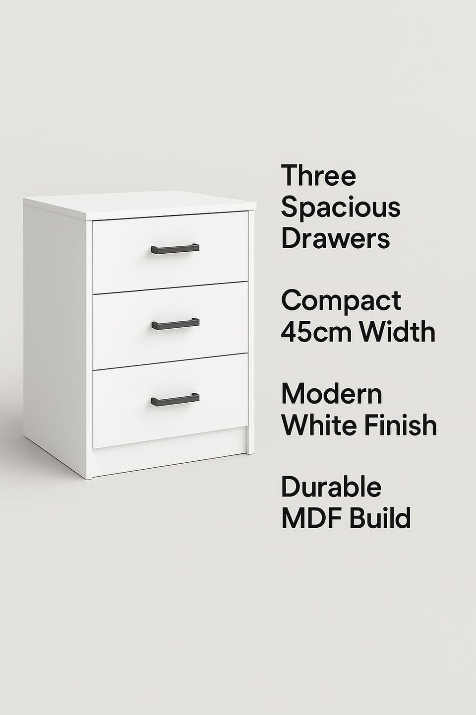 Cavo Alpine White Bedside Table 45cm Wide 3 Drawer Bedroom Furniture Storage
