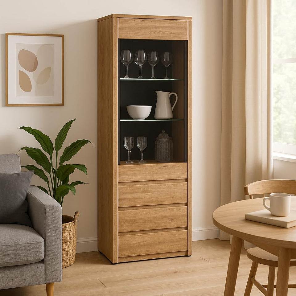 Erenity Tall Oak Effect 1 Door Display Cabinet
