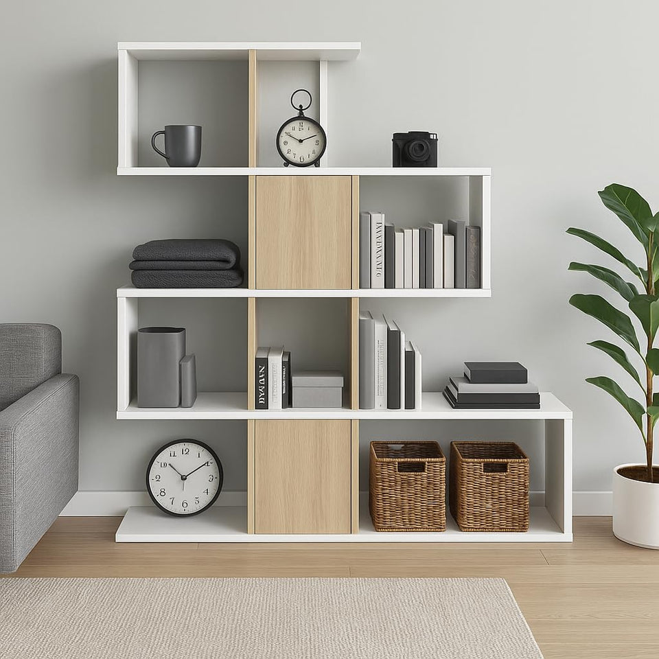 SHA Arctic White and Oak Effect 5-Tier Shelving Storage Bookcase Unit – Modern Book Shelves for Home and Office